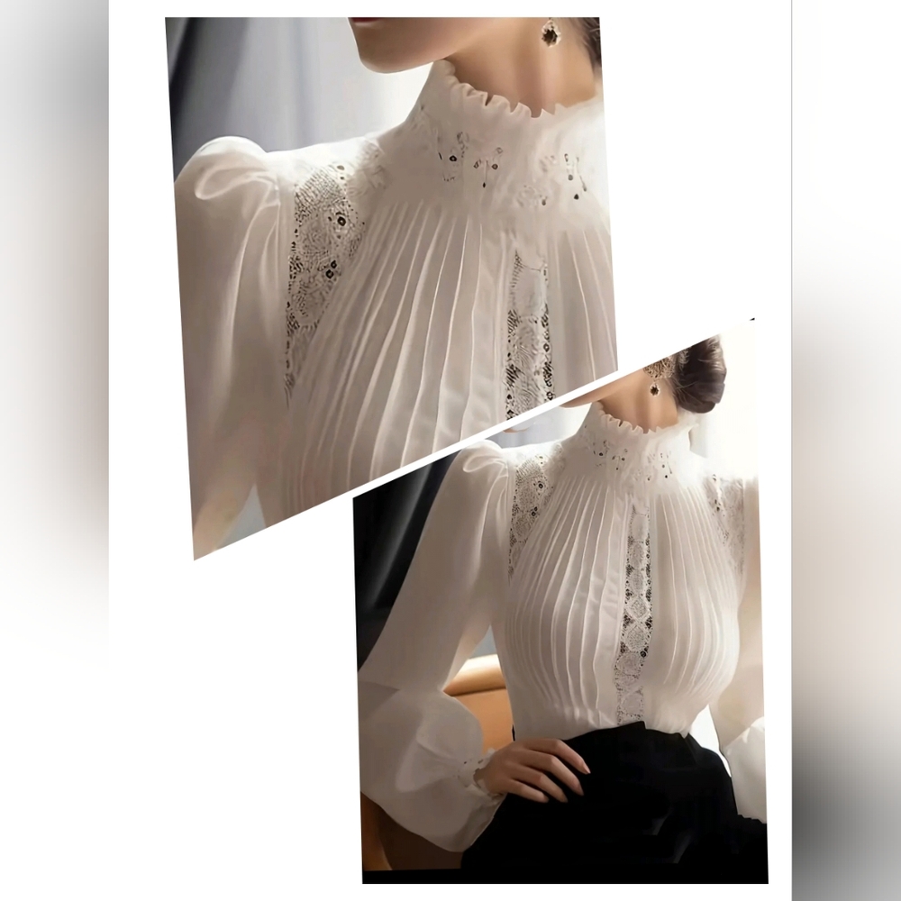 Chic White Pleated Blouse with Lace Detail